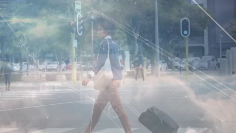 animation of network of connections over woman with suitcase in city