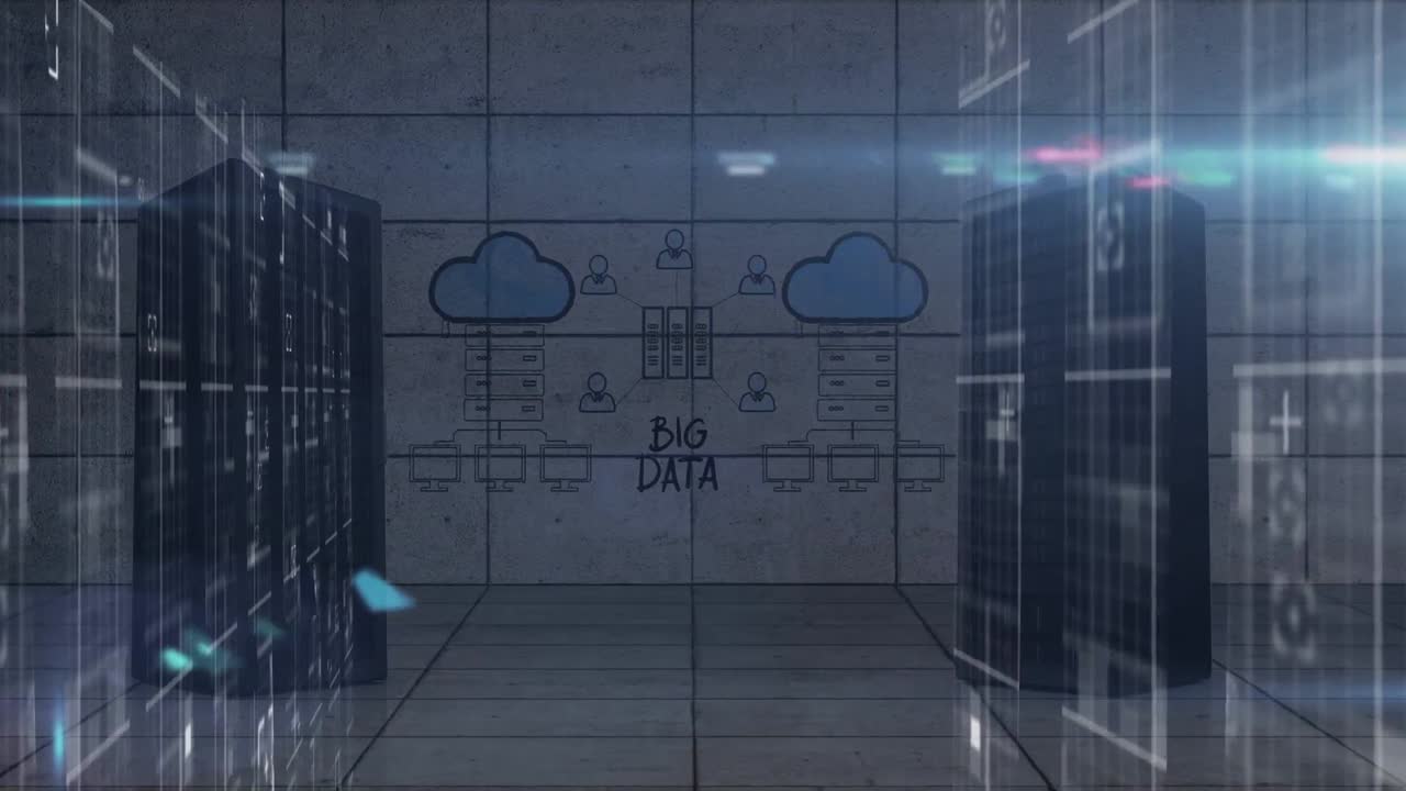 Animation of network of digital icons and data processing against computer server room
