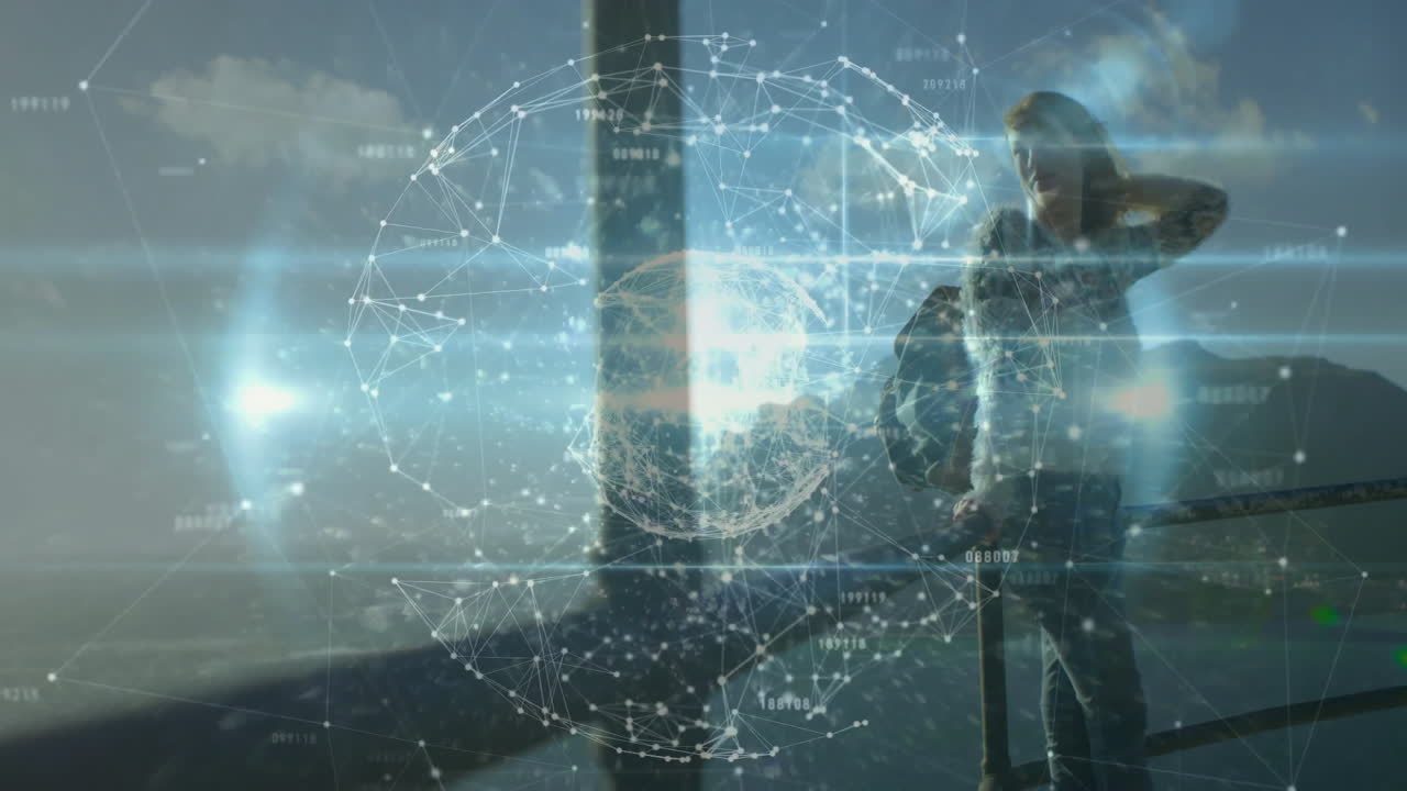 woman standing on observation deck integrating wireframe globe with streaming data lines for tech