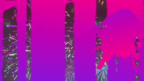 efecto de manchas de pintura sobre los iconos del corazón que caen y los fuegos artificiales que explotan contra un fondo negro