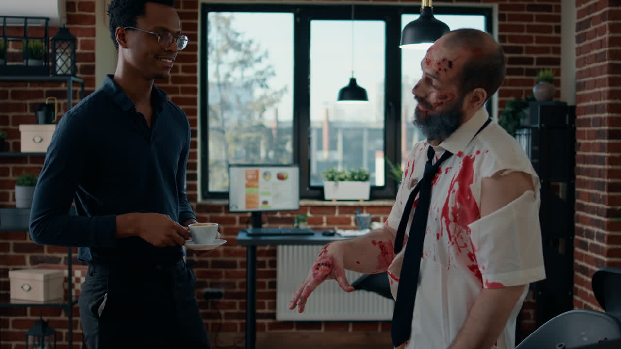 Businessman talking with spooky zombie office colleague