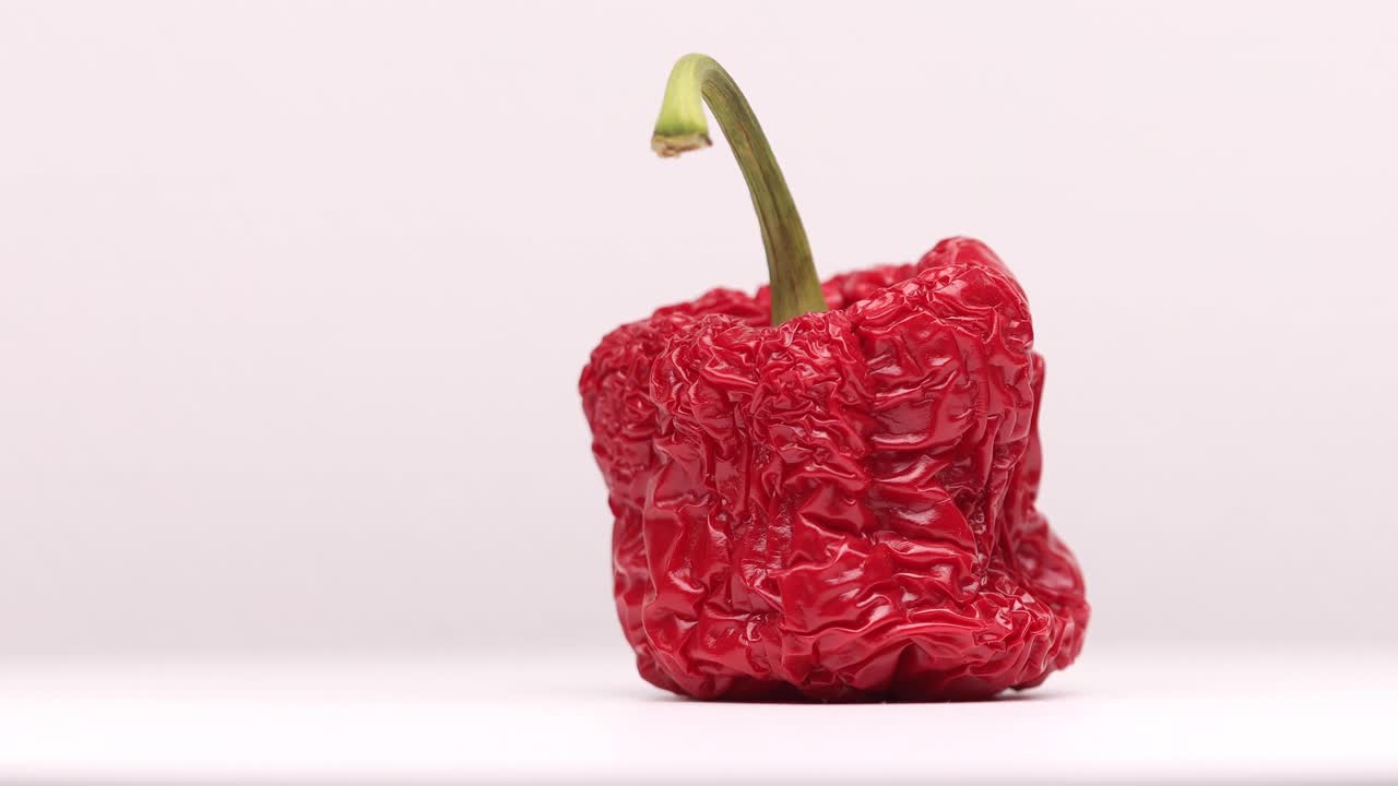 놀랍도록 생생한 붉은 껍질 피부와 구부러진 녹색 줄기가 있는 말린 피망 파프리카의 세부 사항 및 질감