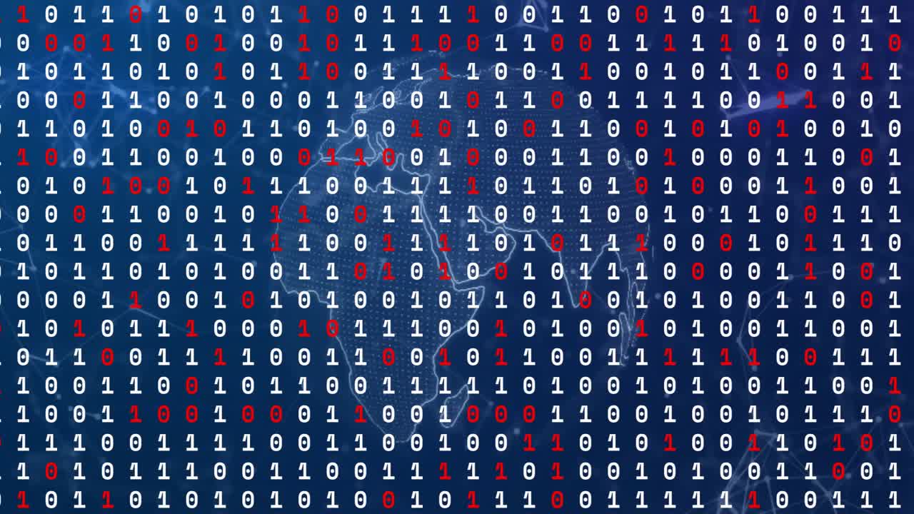 Binary digits streaming across dark blue screen, showing red white numbers over circuit world map