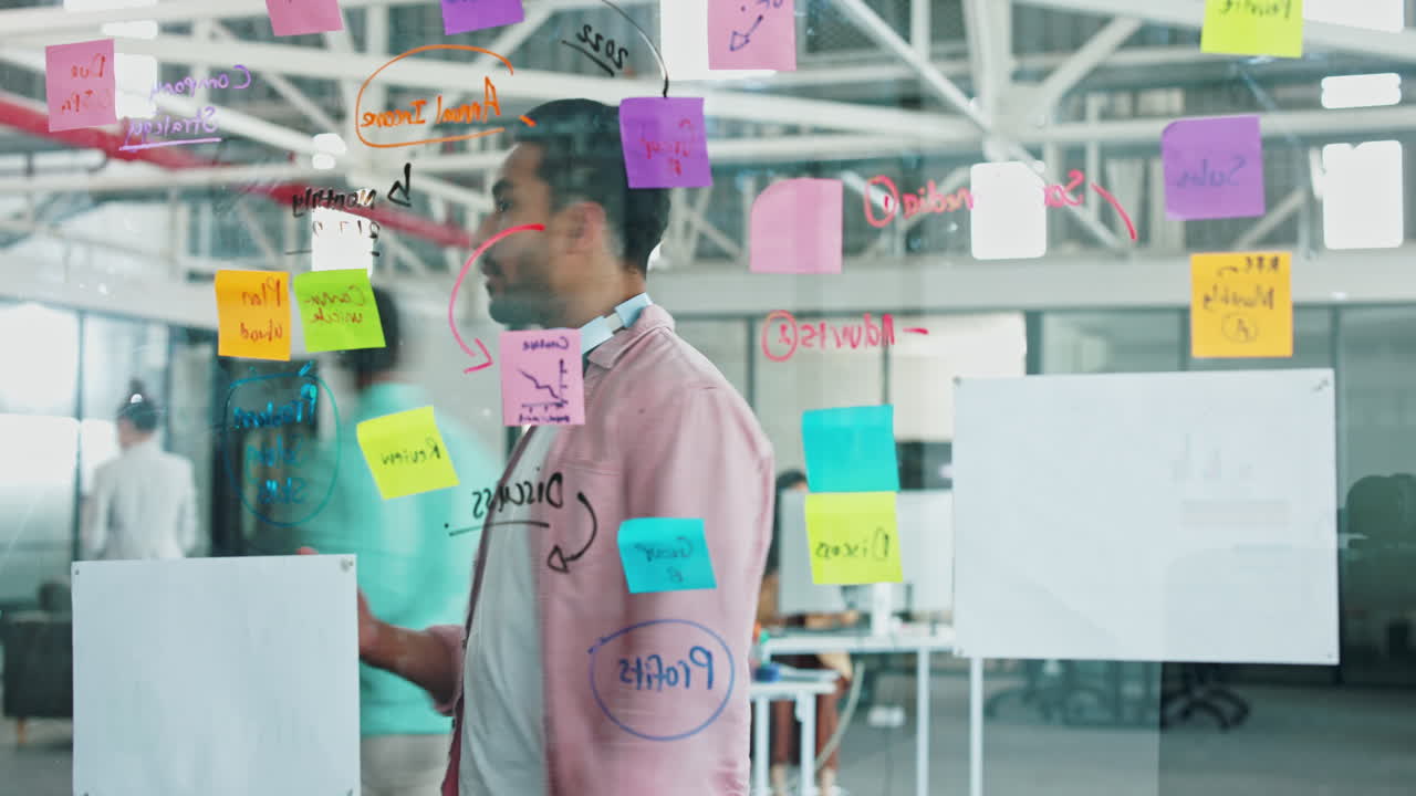 Teamwork, planning and busy people on glass board