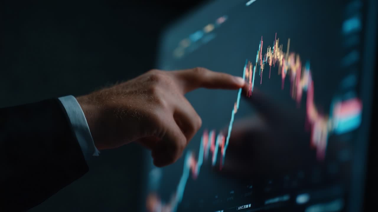 A Business Professional Analyzing Financial Data on a Digital Display, Highlighting Key Trends with a Focused Gesture and Modern Technology