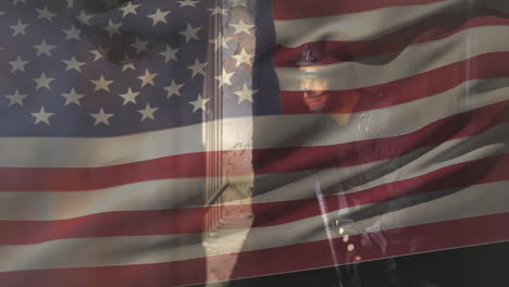 animation of flag of usa over biracial male soldier