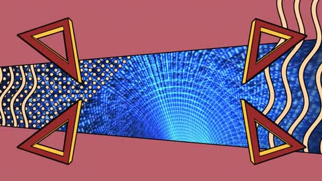 Animation-Von-Dreiecken-Und-Wellen-über-Einem-Tunnel-Aus-Blauen-Lichtern