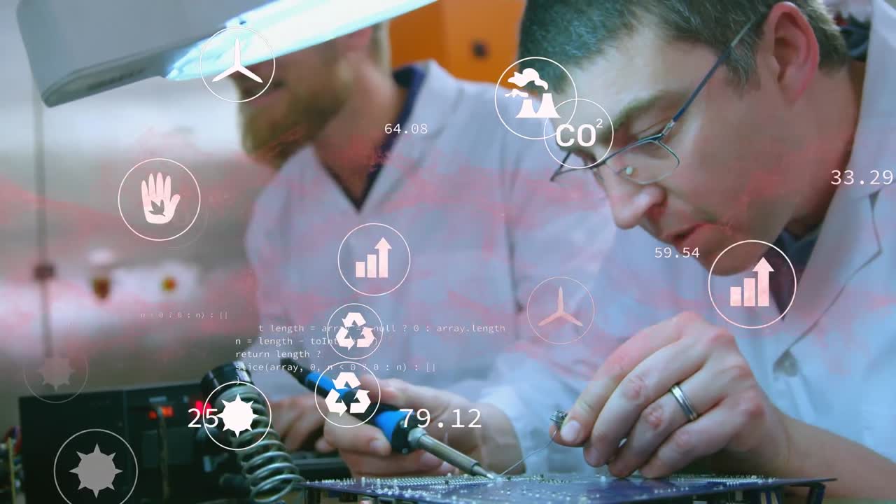 데이터 처리 및 아이콘의 애니메이션 백인 남성 엔지니어 전기 회로 보드를 용접