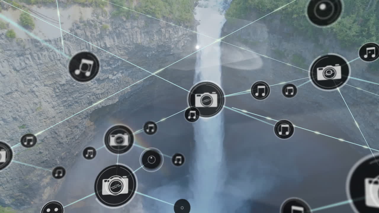 폭포 풍경 위의 아이콘으로 연결된 네트워크의 애니메이션