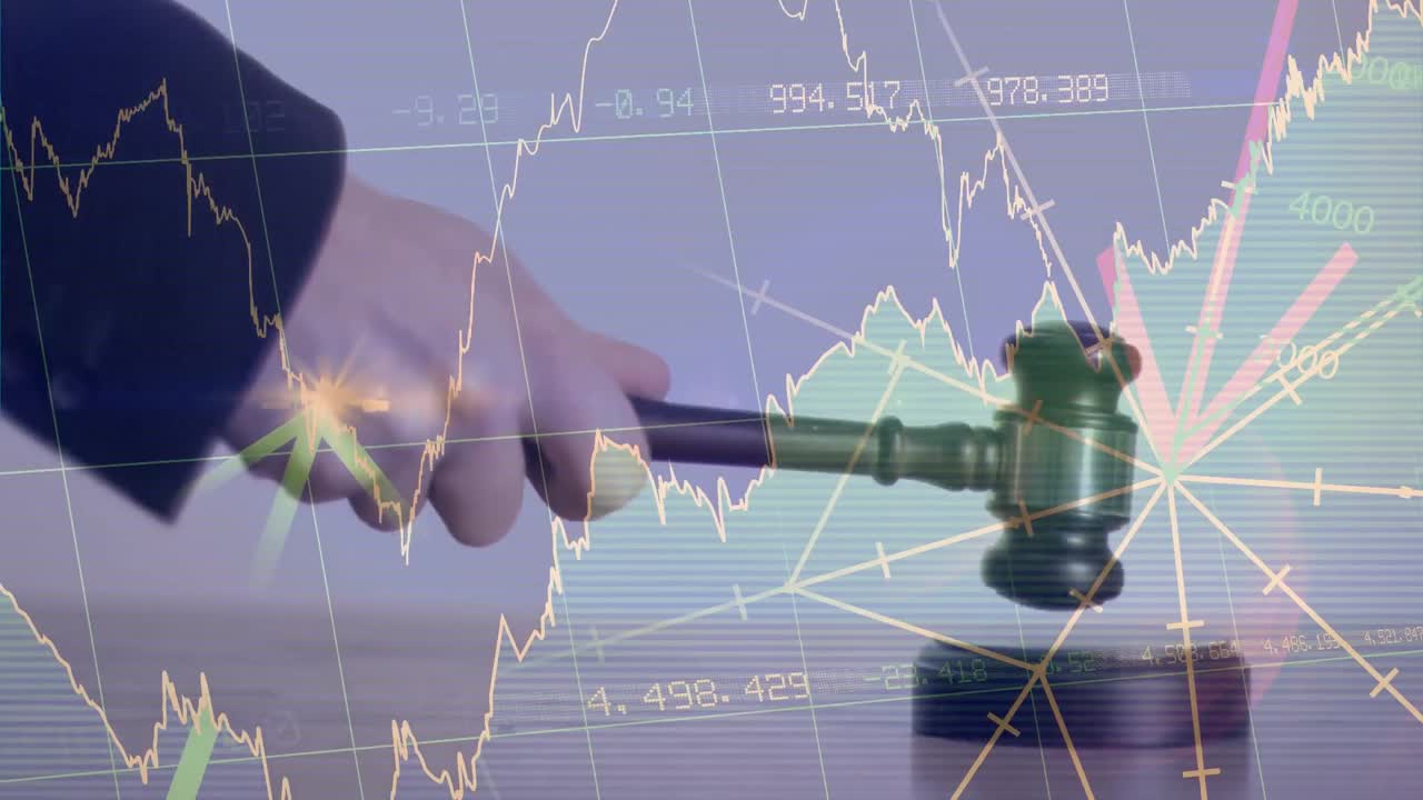 Animation of statistics and financial data processing over auctioneer's hammer
