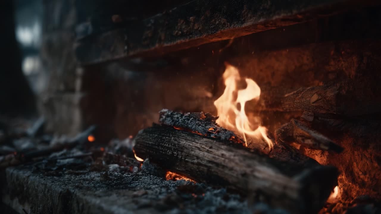 The Dance of Flames: Captivating Fire Sparks and Glowing Embers Emanating from a Rustic Hearth Full of Charred Wood and Flickering Light