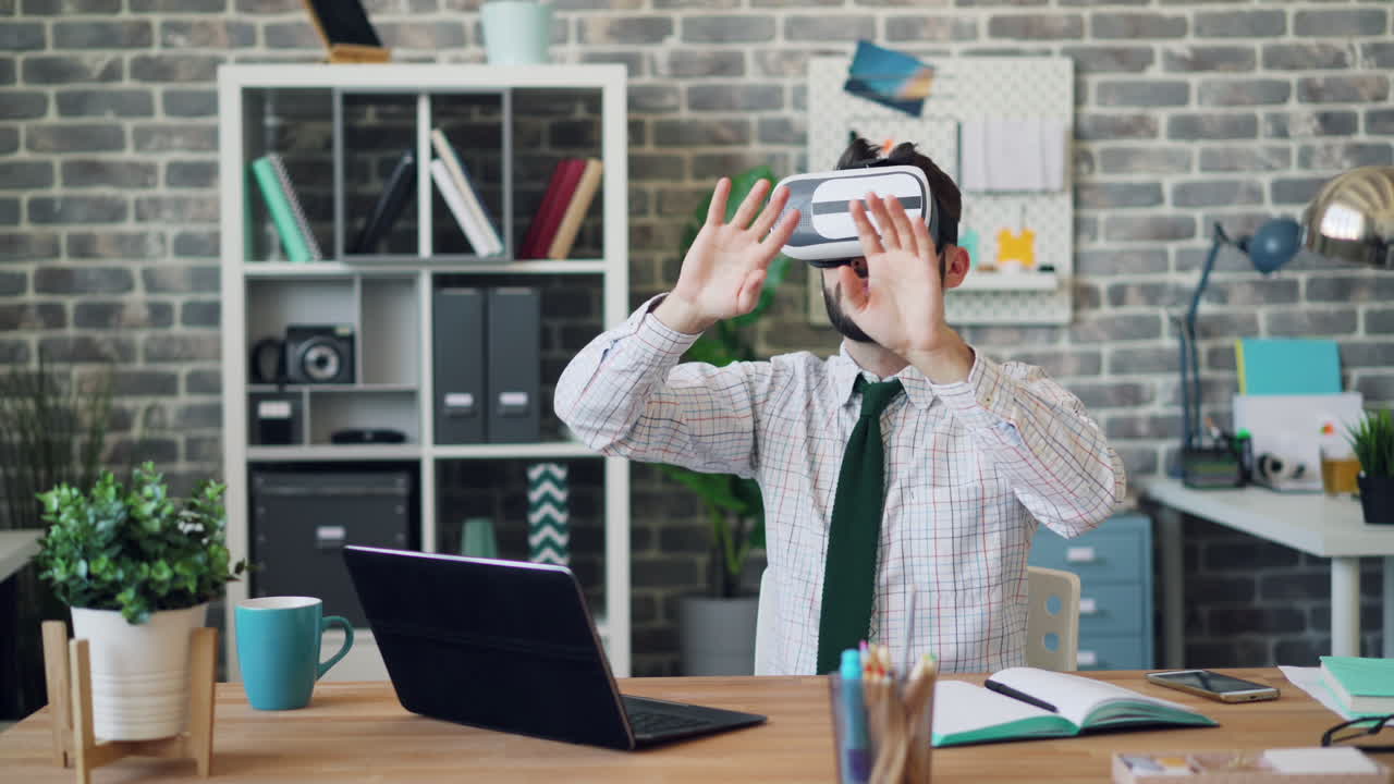 Businessman Experiencing VR in Modern Office