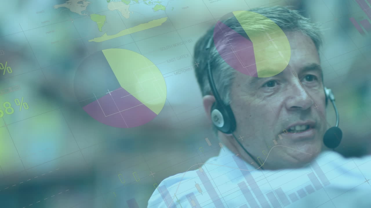 animación de un hombre caucásico con auriculares sobre la grabación de datos