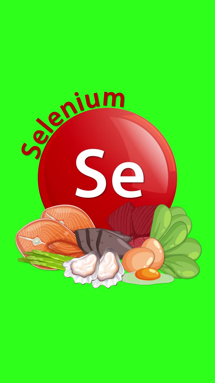 Un'icona rossa dell'elemento selenio appare con del testo, gradualmente circondata da alimenti illustrati ricchi di selenio su uno sfondo verde brillante, con transizioni additive fluide.