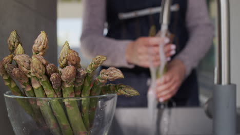 woman's hands wash asparagus under a stream of water from a tap