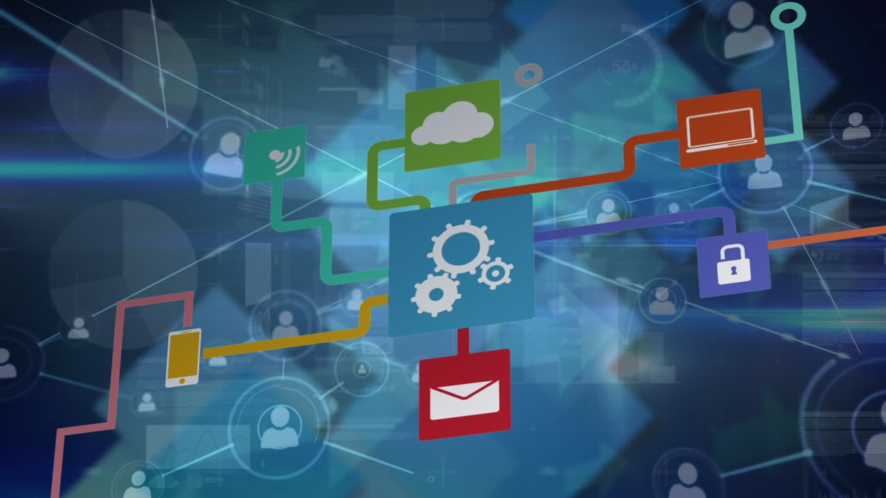 animación de la red de conexiones con iconos tecnológicos sobre pantalla azul