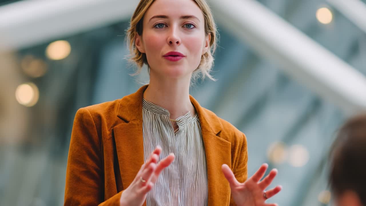 Engaging Presentation: A Young Professional Communicating Effectively in a Modern Setting with a Confident Stance and Elegant Attire