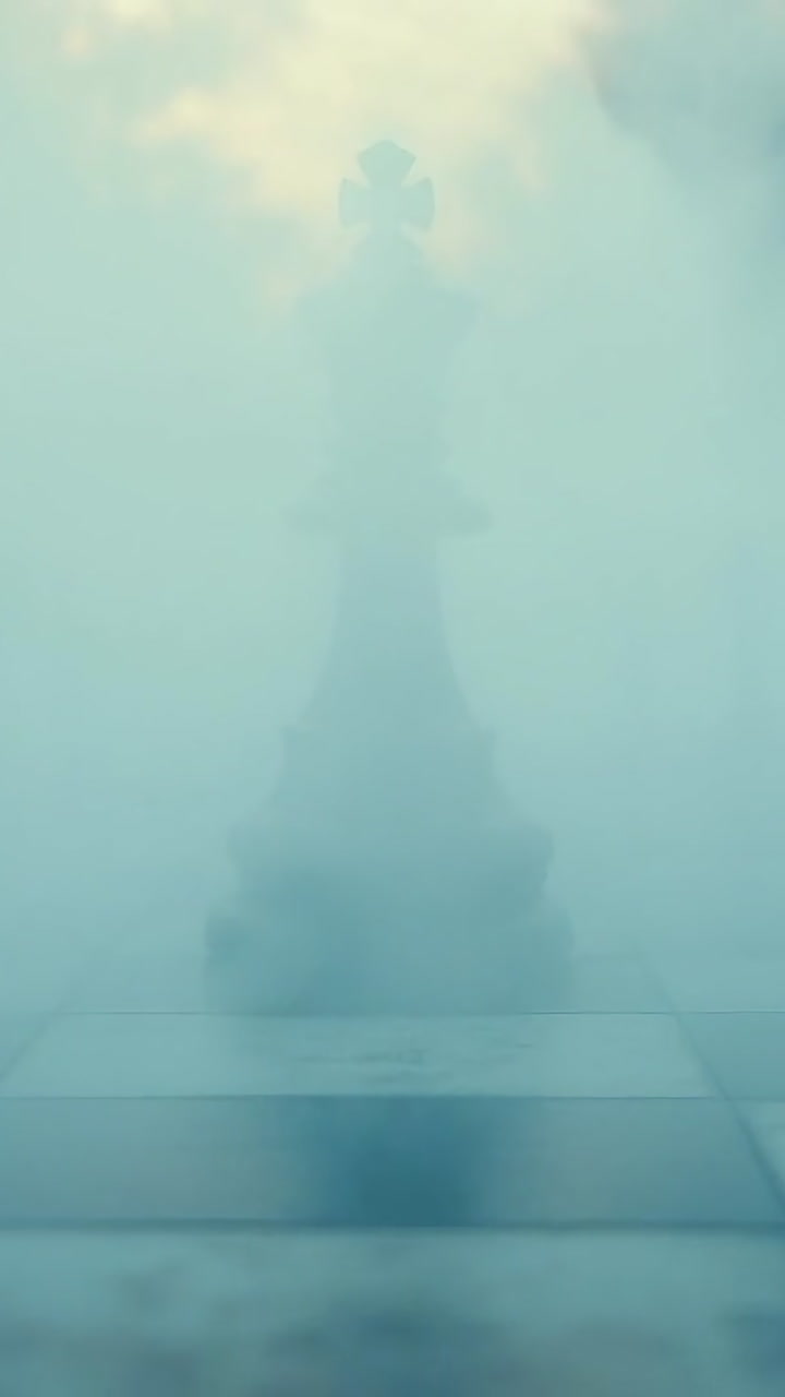 Mystical chess piece emerges in fog. A lone chess piece stands shrouded in thick fog, creating an air of mystery and intrigue in this quiet setting.