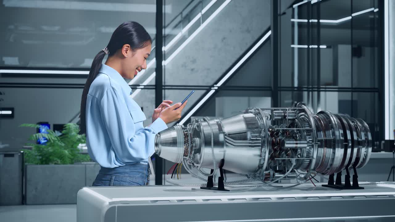 사무실 환경에서 기술 모델과 상호 작용하는 여성