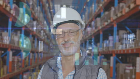 animación de estadísticas y procesamiento de datos sobre un hombre sonriente que trabaja en un almacén