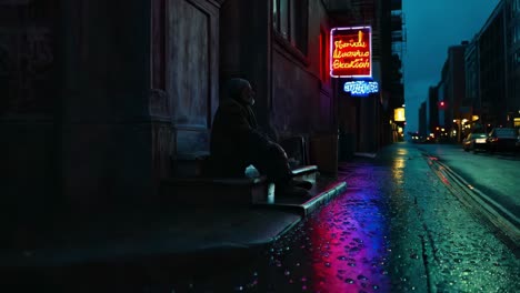 homeless man on a rainy night