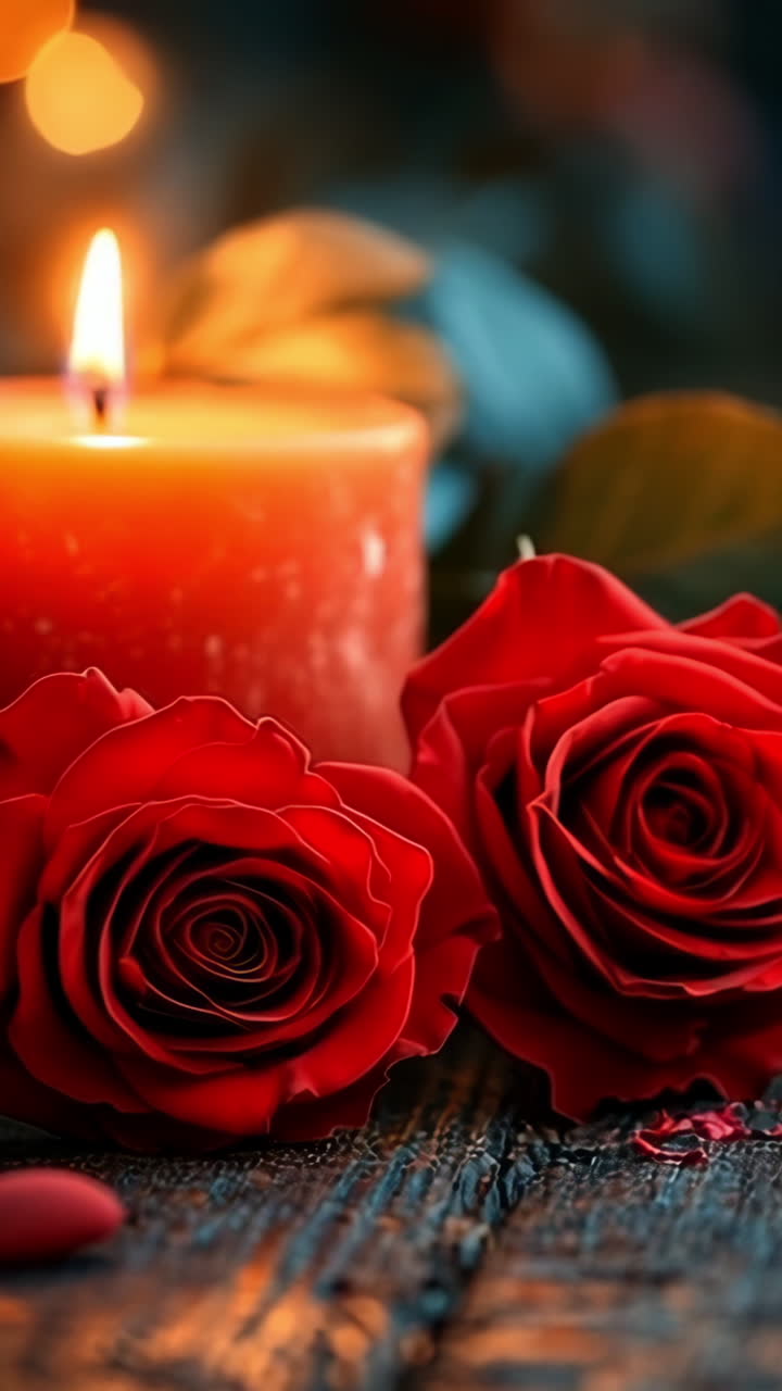 Candlelight, roses, and hearts. A flickering candle beside red roses and heart decor creates a romantic atmosphere for any occasion.