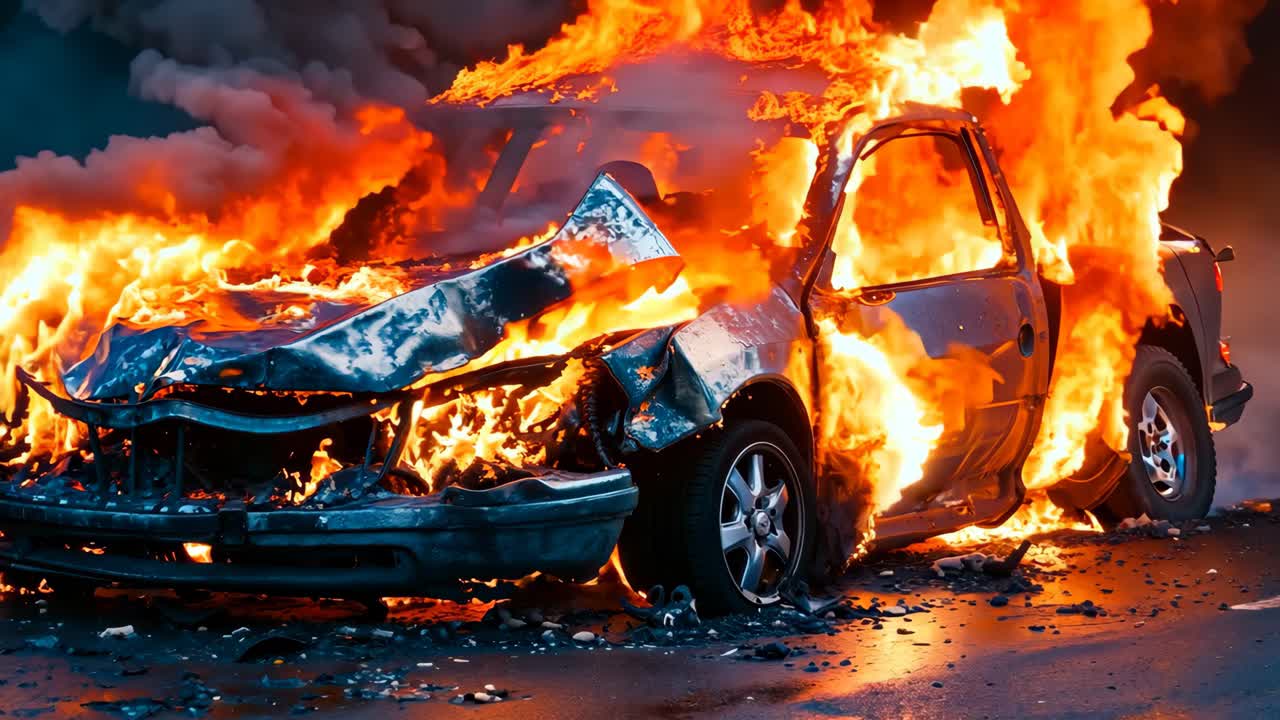 машина в огне на обочине дороги