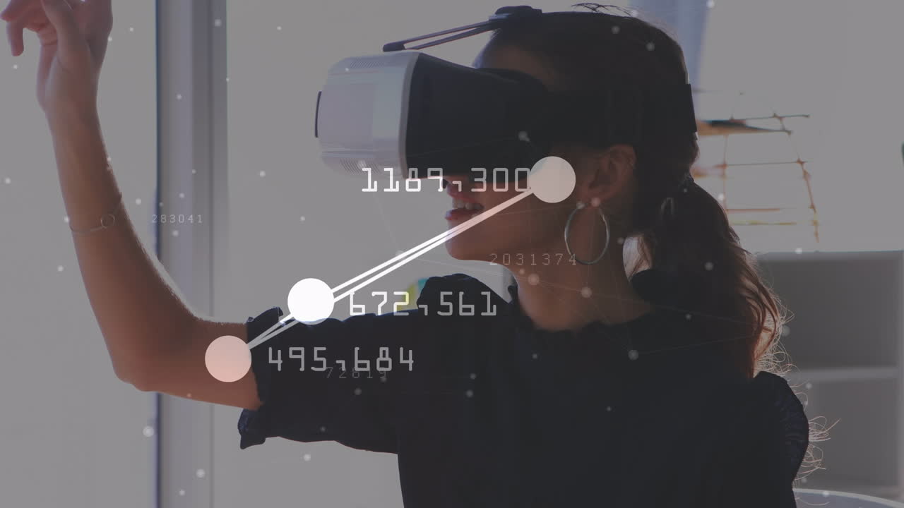 Animation of connections with coordinates over caucasian woman in vr headset