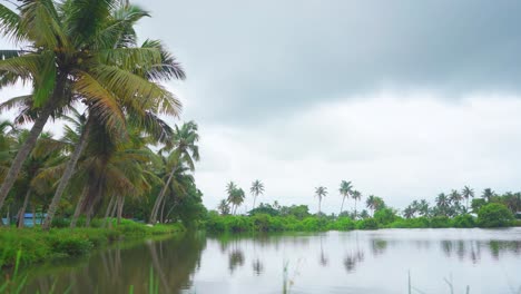 a place where fish farming was done which was submerged due to rain , heavy rains due to climate change , many nearby coconut groves are standing in water ,flash floods , ready to rain