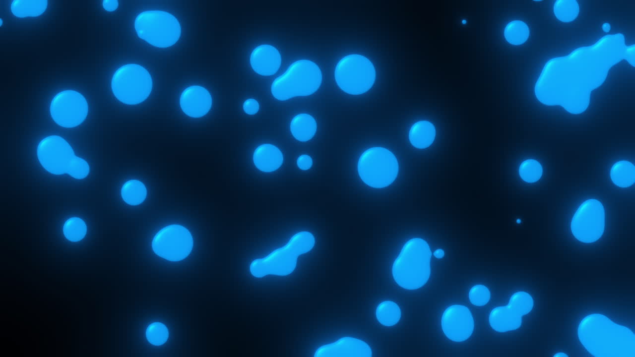 Blauw gloeiende verfklodders die bewegen in een omgeving met lage zwaartekracht en hoge viscositeit op een zwarte achtergrond. 4K.
