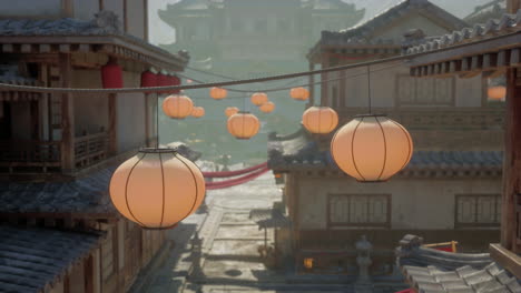 a street in a traditional chinese city with lanterns hanging from the buildings