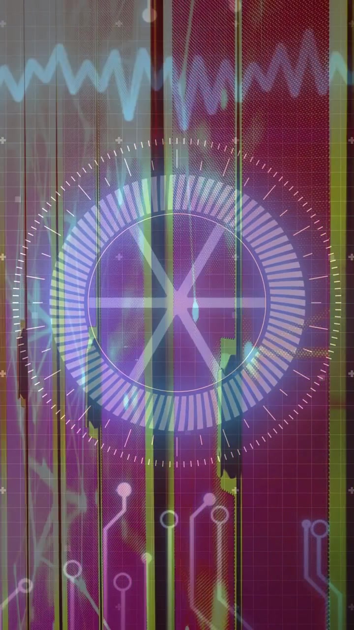 Vertikal video: HUD stiger på magenta gitter, pulserende, roterende, cyan bølge synkroniserer overvågning.