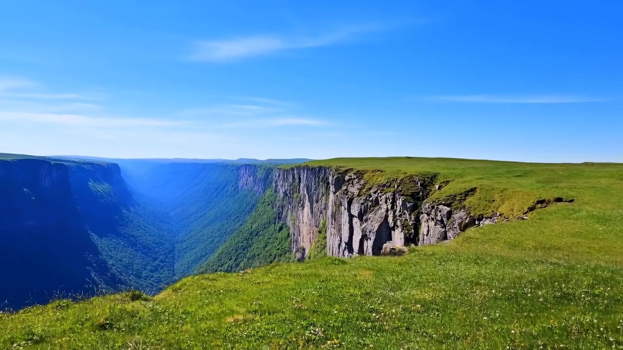 Amplio movimiento panorámico a través de una exuberante meseta verde con pequeñas flores silvestres, que conduce hacia la escarpada pared de un acantilado de columnas de roca erosionadas y fisuras que caen en un cañón densamente arbolado debajo, lleno.