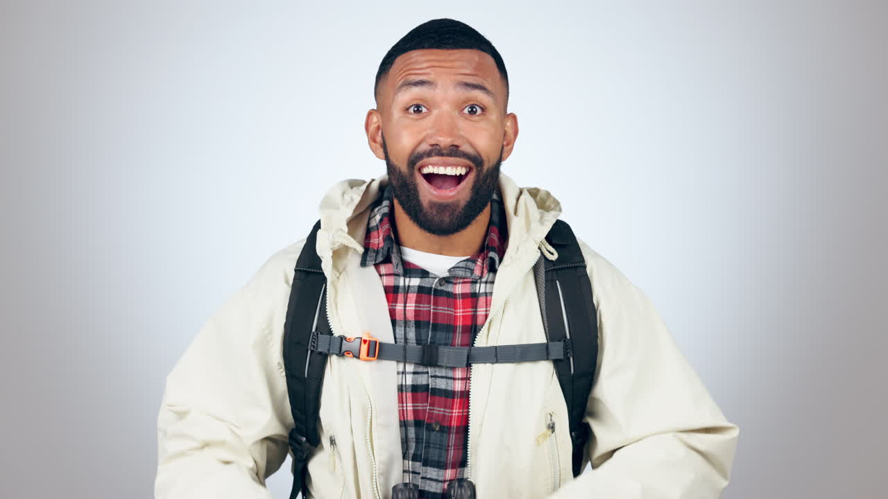 Excited, man and face with travel