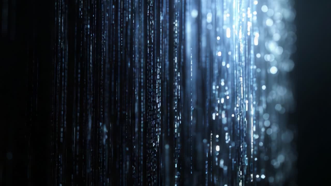 A mesmerizing display of shimmering particles cascading downward, creating a captivating visual effect reminiscent of digital rain or flowing data in a dark, atmospheric environment