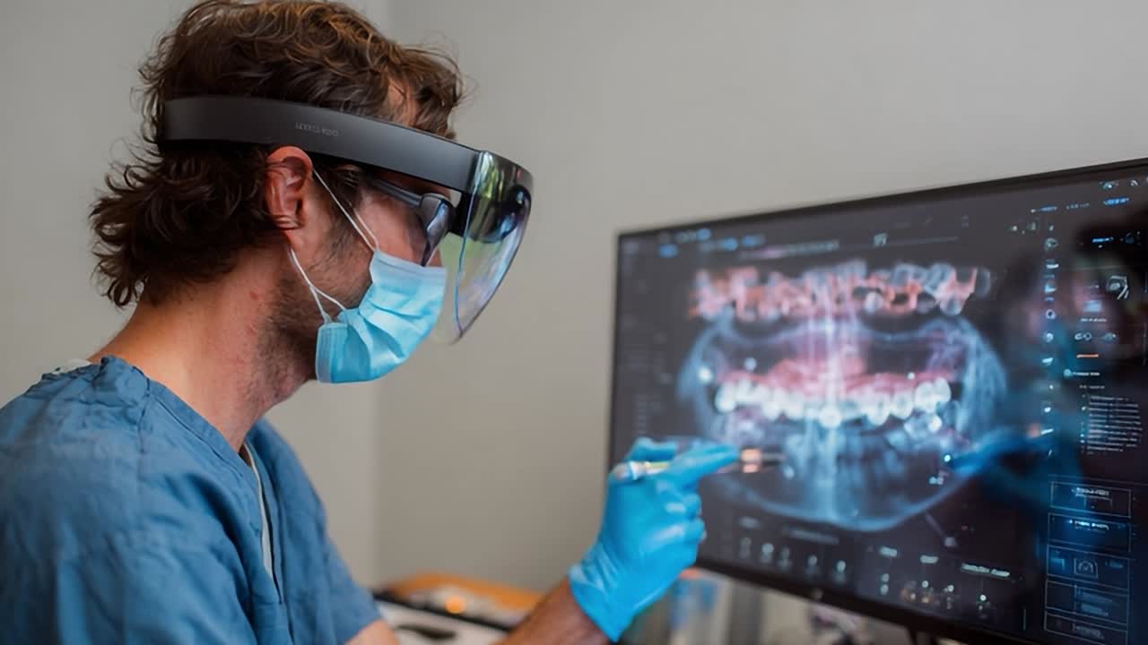 Professionista del settore dentale che utilizza la realtà aumentata per la consultazione del paziente