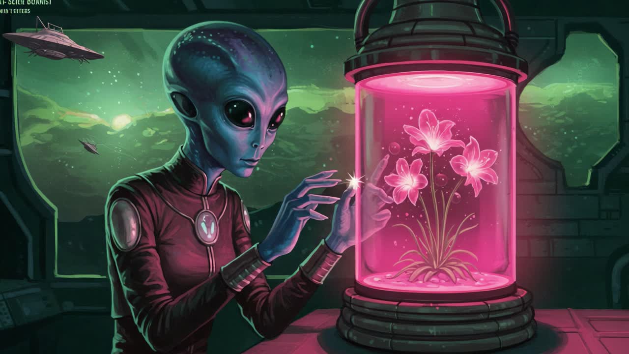 An extraterrestrial being interacts with a glowing orb while delicately caring for bioluminescent flowers in a futuristic, space-themed environment filled with vibrant colors