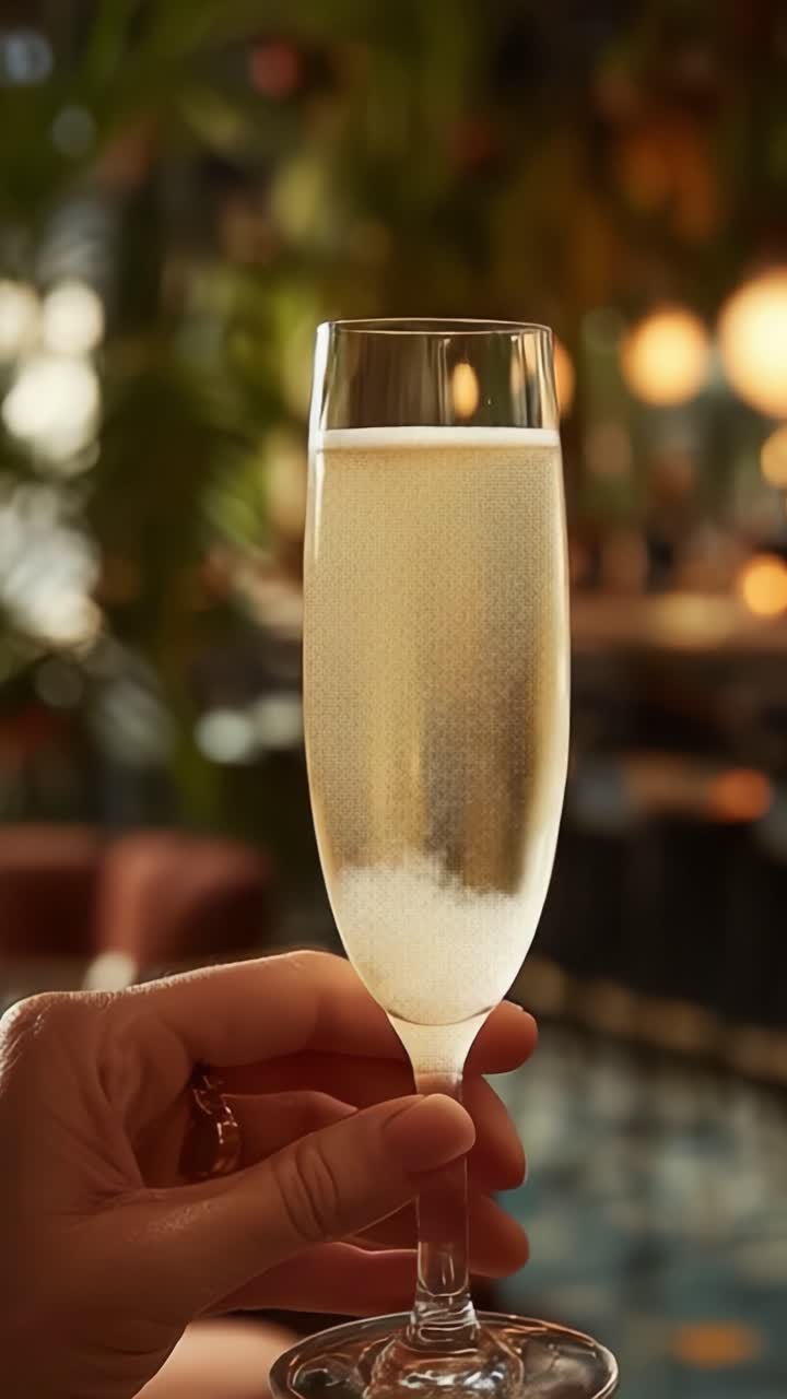 Un brindisi elegante: catturando l'essenza scintillante della celebrazione con un flûte di champagne perfettamente ghiacciato che luccica nel bagliore soffuso delle luci ambientali.