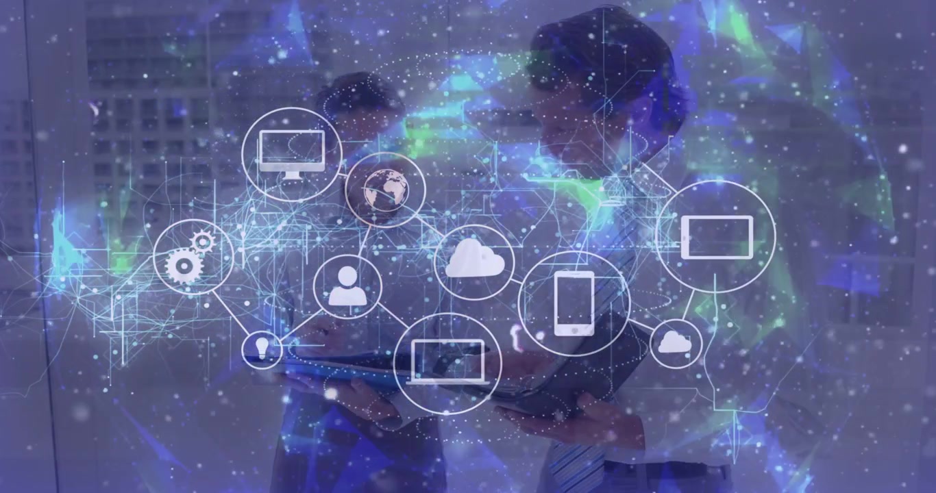 Two professionals holding tablet, cloud icon appearing and growing network overlay for business