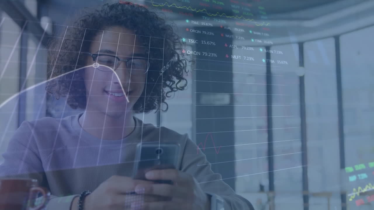 Animation of multiple graphs and trading boards over smiling biracial man scrolling on smartphone