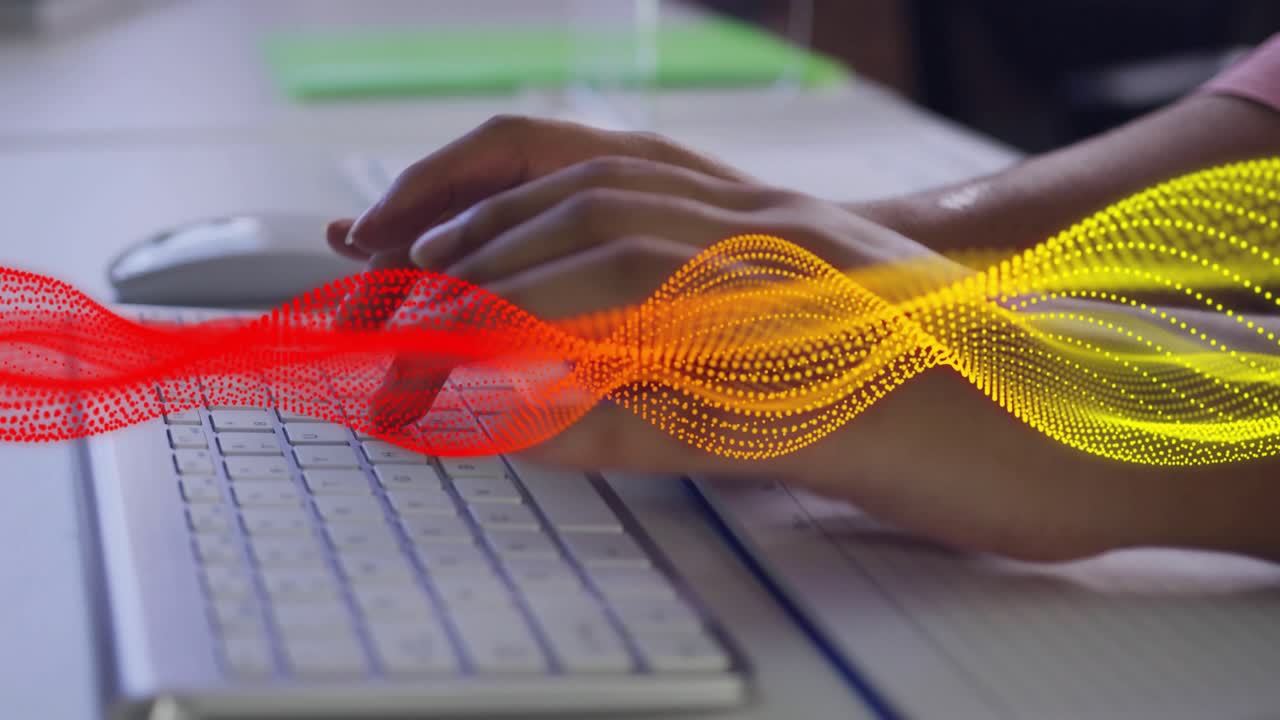 Female user typing clicking keys mouse input starting dot ribbon crossing hands showing tech data