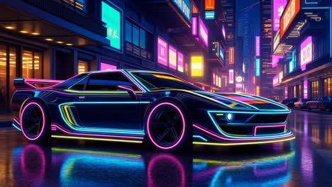 neon-lit sports car in a cyberpunk city at night