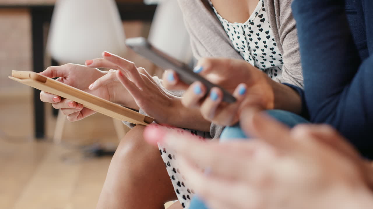 Friends at home using smart phones social media