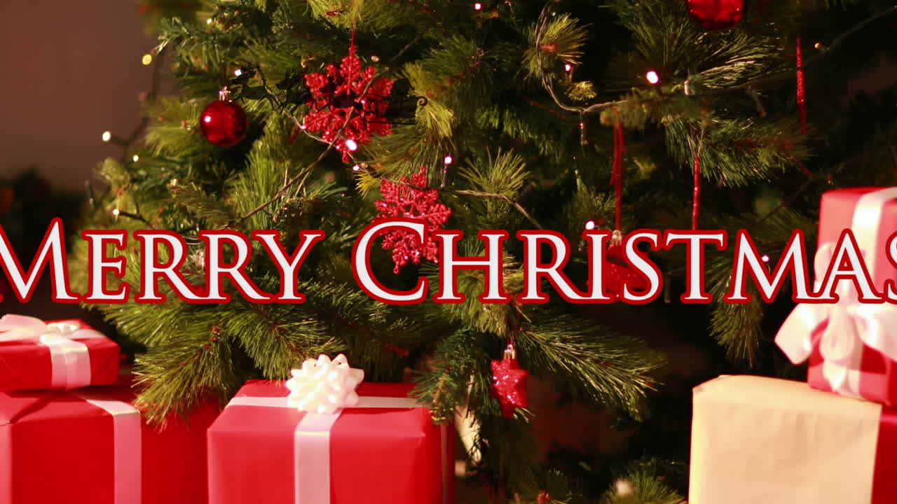 크리스마스 나무 위에 사 ⁇ 과 함께  ⁇ 매에 산타클로스와 함께 크리스마스 인사 텍스트의 애니메이션