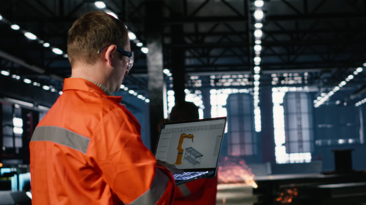 Engineer operates automation software on a laptop to control robot equipment