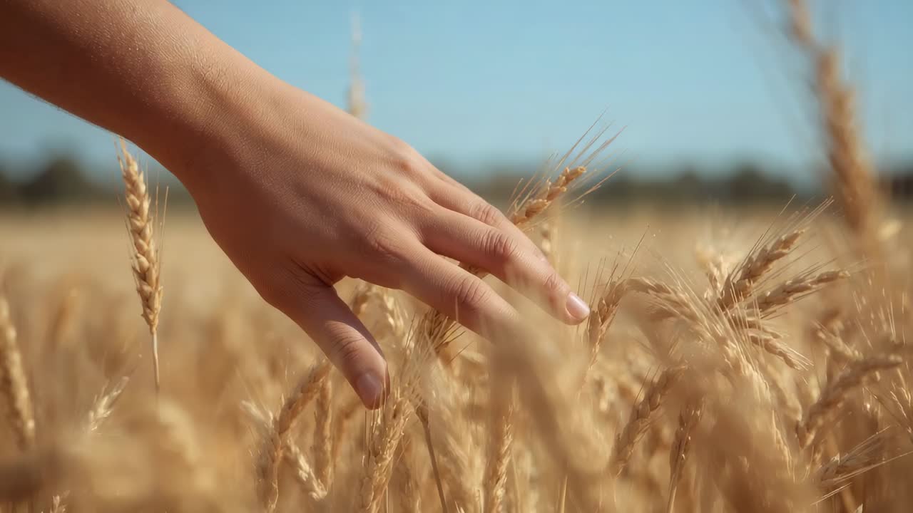 Entering woman's forearm and hand sweeping through ripe wheat, testing grain with painted nails