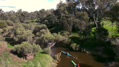 Two-Kayaks-travelling-down-a-narrow-river-surrounded-by-thick-vegetation-either-side