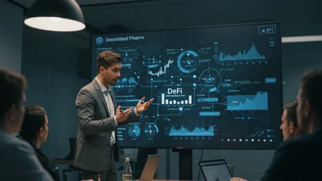 a professional presentation on decentralized finance trends and data analysis at a business meeting with engaged attendees discussing financial innovations