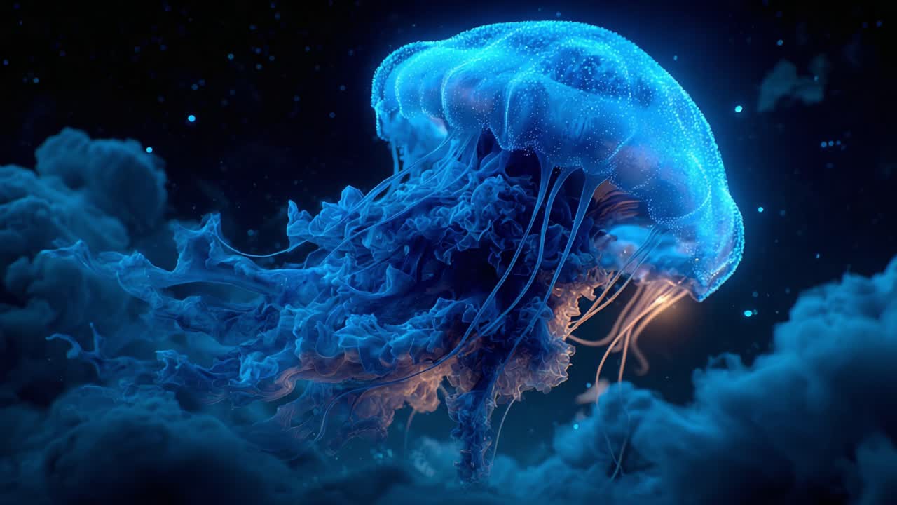 A Glowing Jellyfish Illuminates the Dark Ocean Depths, Showcasing Its Ethereal Beauty with Bioluminescent Patterns and Graceful Movements in Stunning Detail