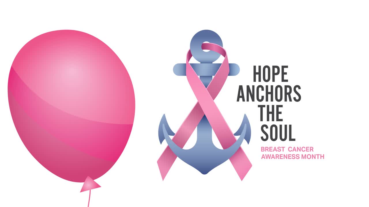 핑크 리본  ⁇ 커 로고와 유방암 텍스트 위에 날아다니는 분홍색 풍선의 애니메이션